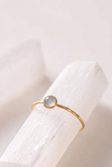 Gold ring with a gemstone on a white surface